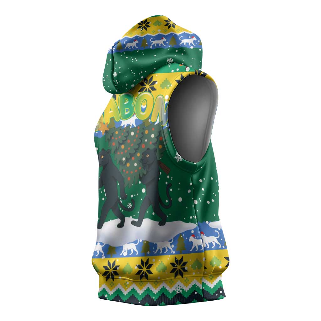 Gabon Christmas Sleeveless Hoodie Black Panthers Carrying Tree and Snowflake - African Pride