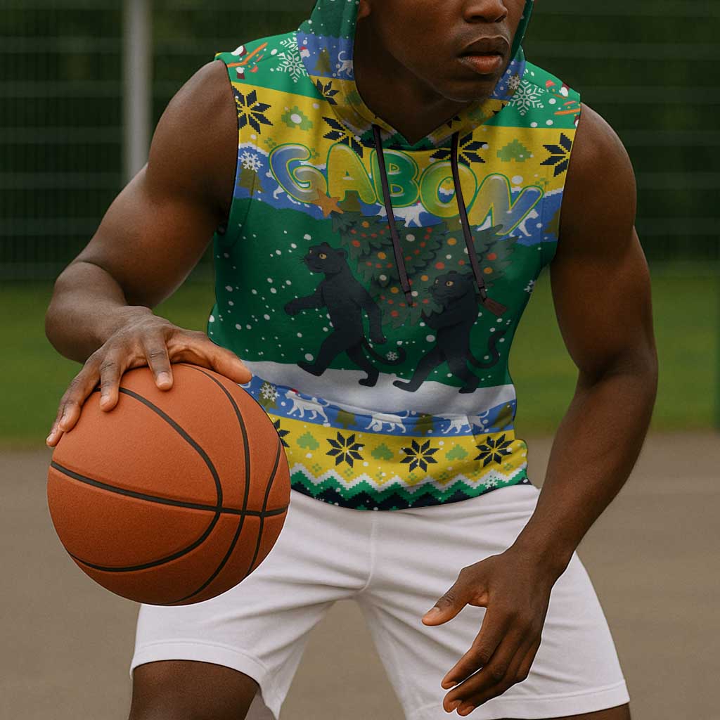 Gabon Christmas Sleeveless Hoodie Black Panthers Carrying Tree and Snowflake - African Pride