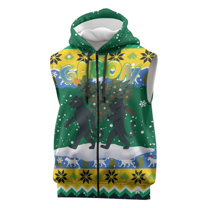Gabon Christmas Sleeveless Zip Hoodie Black Panthers Carrying Tree and Snowflake - African Pride