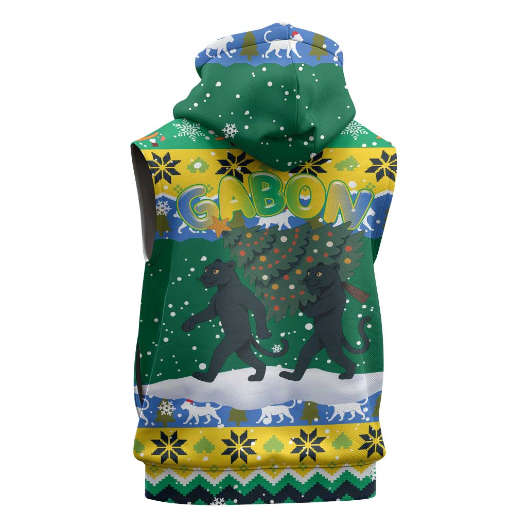 Gabon Christmas Sleeveless Zip Hoodie Black Panthers Carrying Tree and Snowflake - African Pride