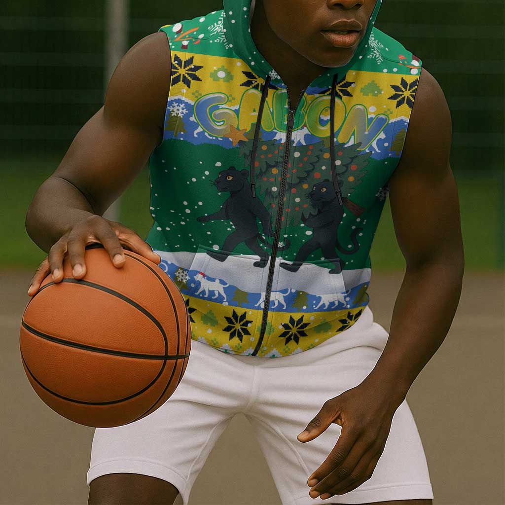 Gabon Christmas Sleeveless Zip Hoodie Black Panthers Carrying Tree and Snowflake - African Pride