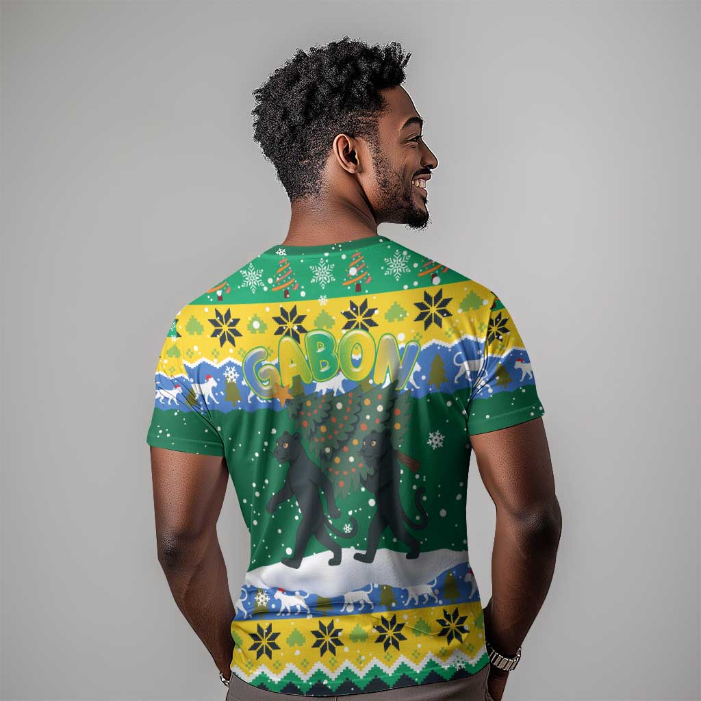 Gabon Christmas T shirt Black Panthers Carrying Tree and Snowflake - African Pride