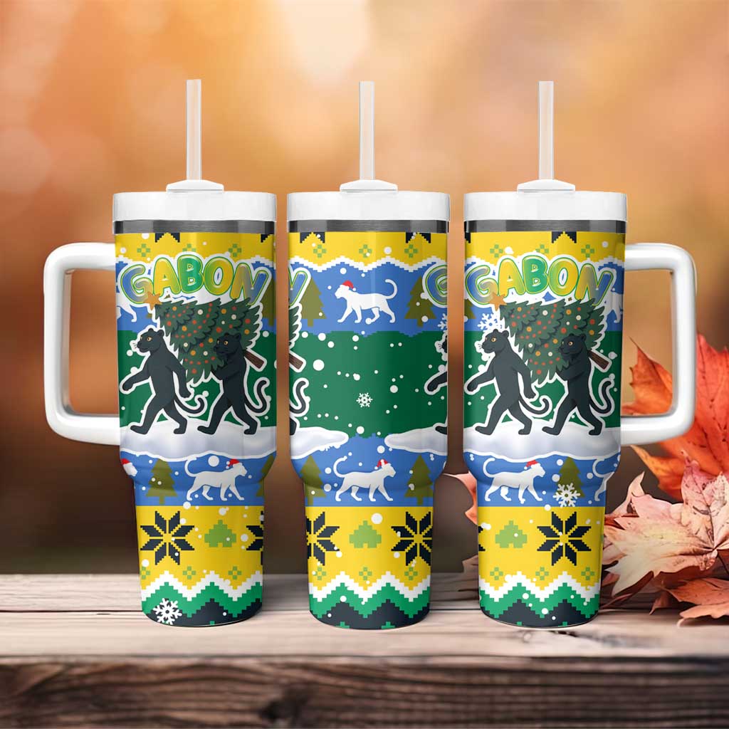 Gabon Christmas Tumbler With Handle Black Panthers Carrying Tree and Snowflake - African Pride