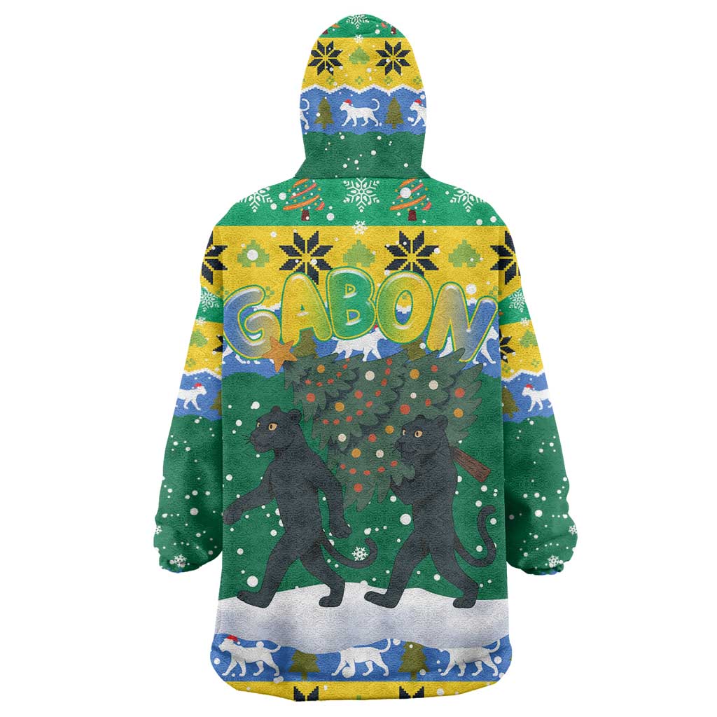 Gabon Christmas Wearable Blanket Hoodie Black Panthers Carrying Tree and Snowflake - African Pride