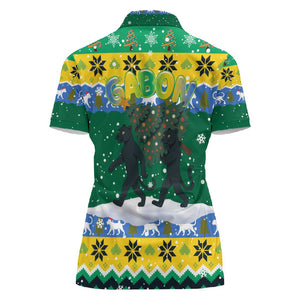 Gabon Christmas Women Polo Shirt Black Panthers Carrying Tree and Snowflake - African Pride