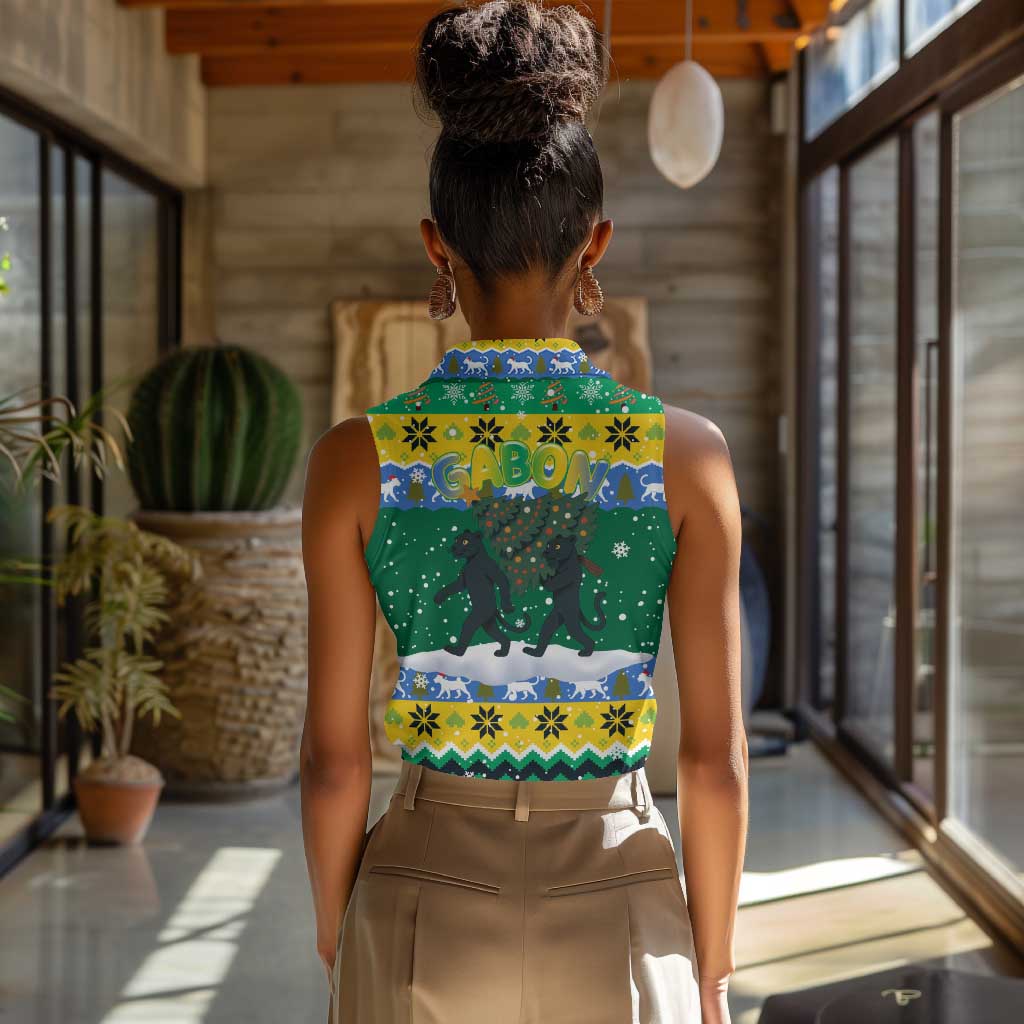 Gabon Christmas Women Sleeveless Polo Shirt Black Panthers Carrying Tree and Snowflake - African Pride