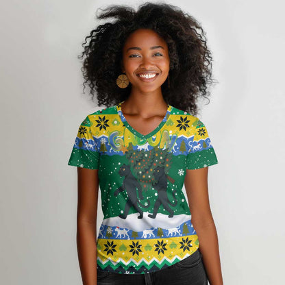 Gabon Christmas Women V-Neck T-Shirt Black Panthers Carrying Tree and Snowflake - African Pride
