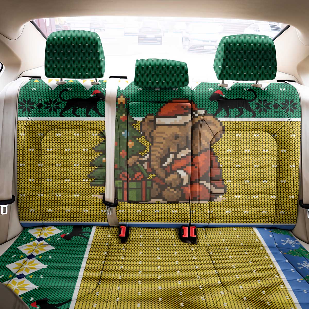 Gabon Christmas Back Car Seat Cover Pixel Art Elephant Santa Christmas Tree and Flag - African Pride
