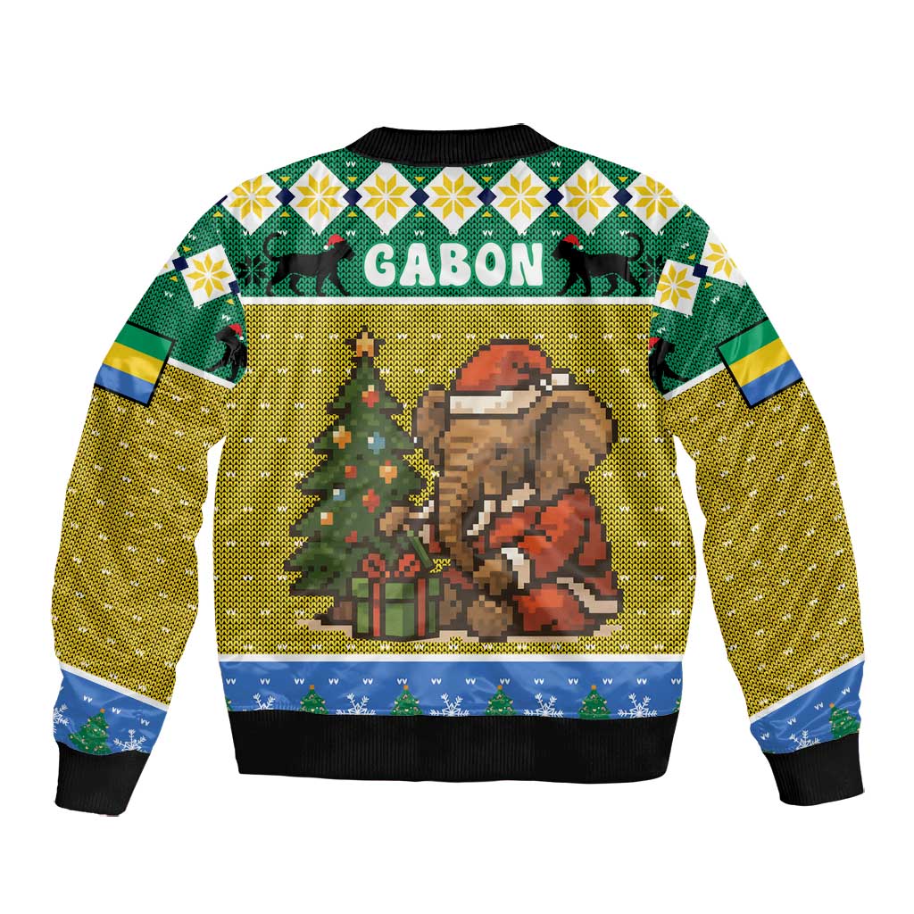 Gabon Christmas Bomber Jacket Pixel Art Elephant Santa Christmas Tree and Flag - African Pride