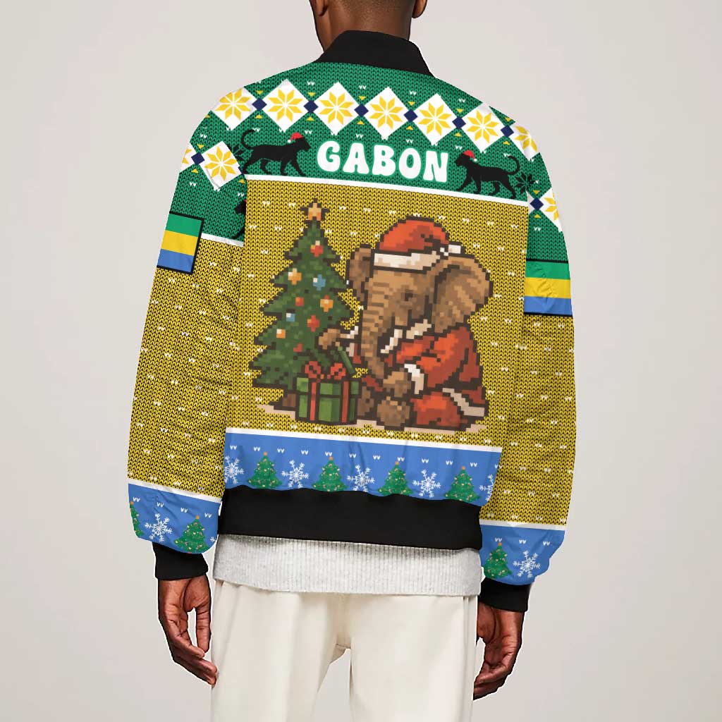 Gabon Christmas Bomber Jacket Pixel Art Elephant Santa Christmas Tree and Flag - African Pride