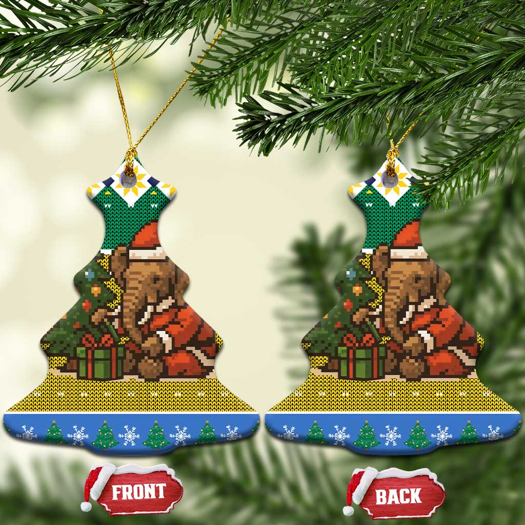Gabon Christmas Ceramic Ornament Pixel Art Elephant Santa Christmas Tree and Flag - African Pride