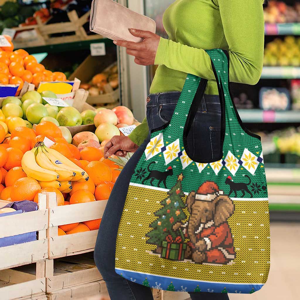 Gabon Christmas Grocery Bag Pixel Art Elephant Santa Christmas Tree and Flag - African Pride