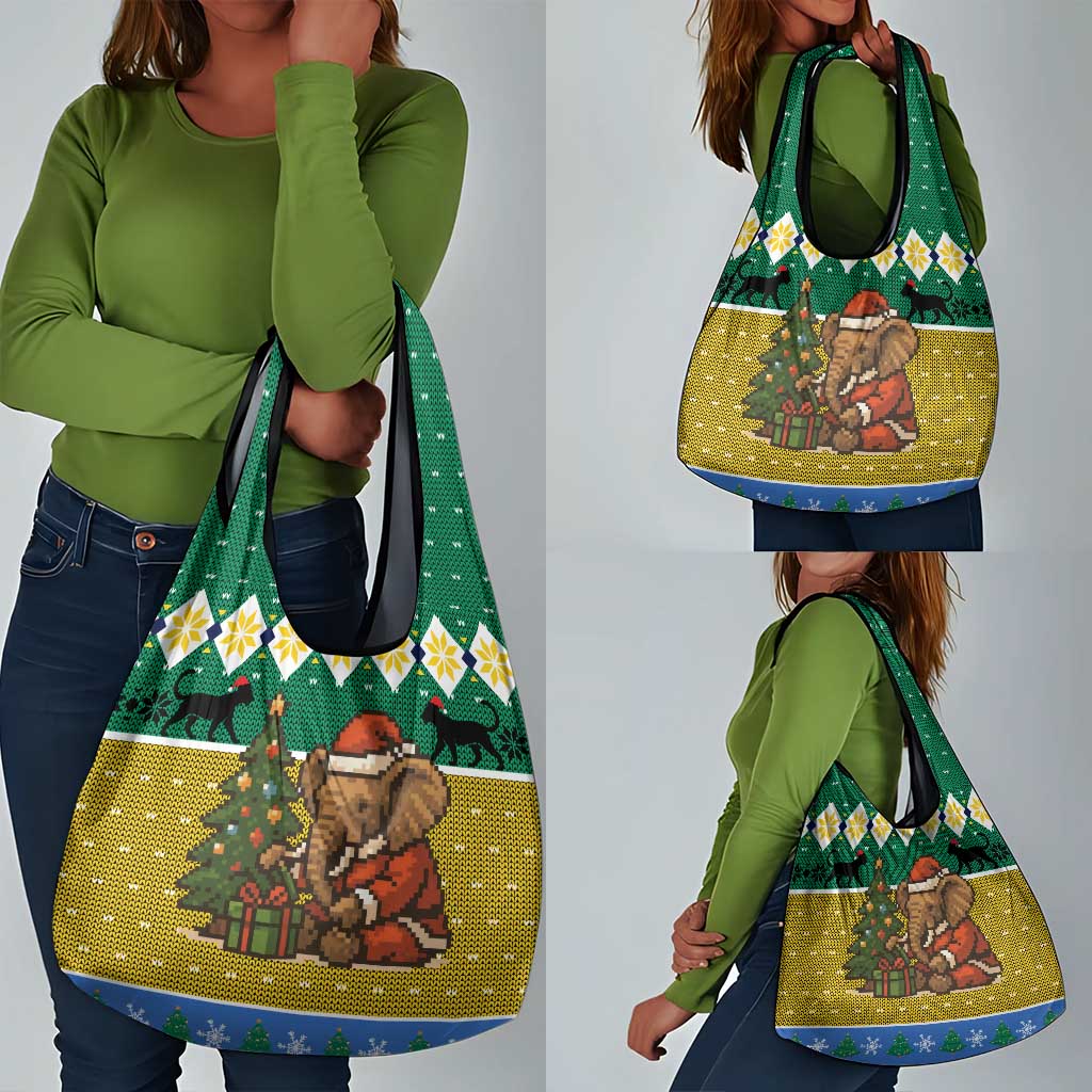 Gabon Christmas Grocery Bag Pixel Art Elephant Santa Christmas Tree and Flag - African Pride