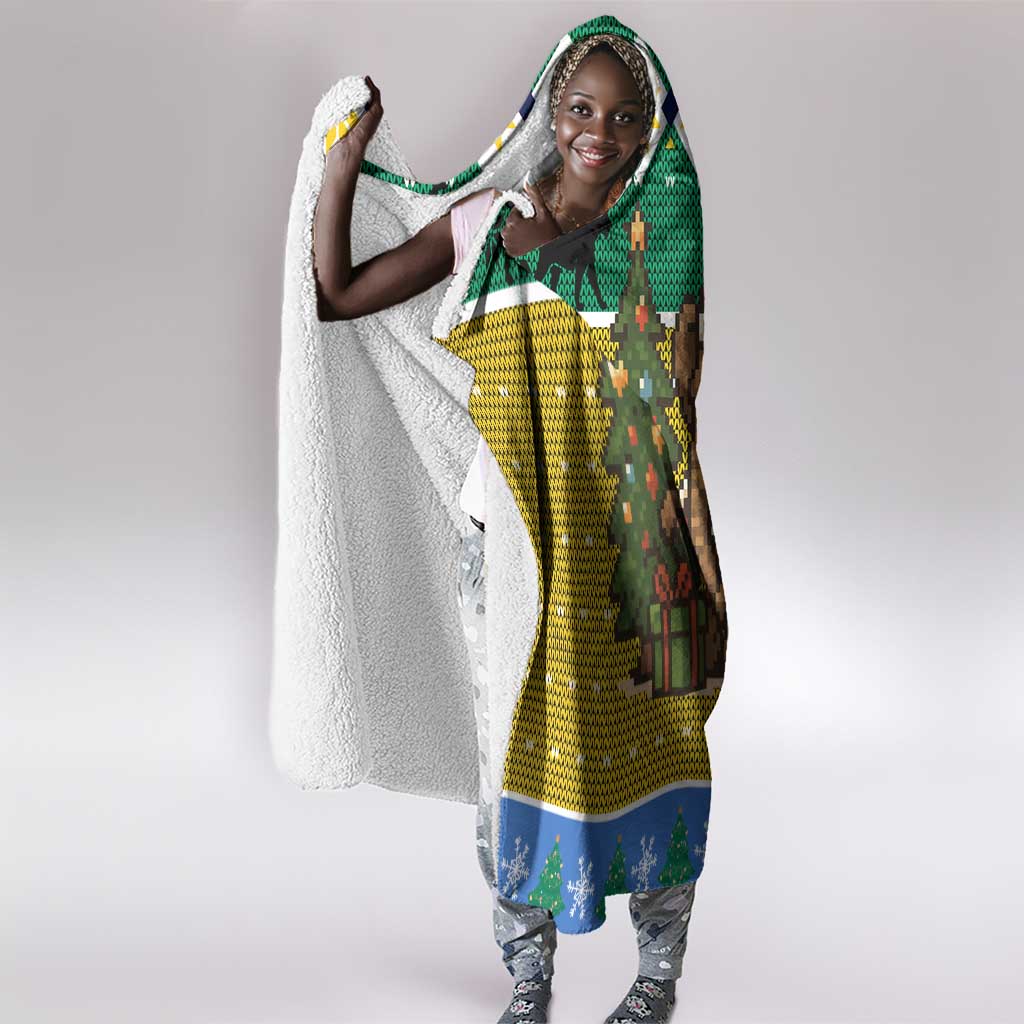 Gabon Christmas Hooded Blanket Pixel Art Elephant Santa Christmas Tree and Flag - African Pride