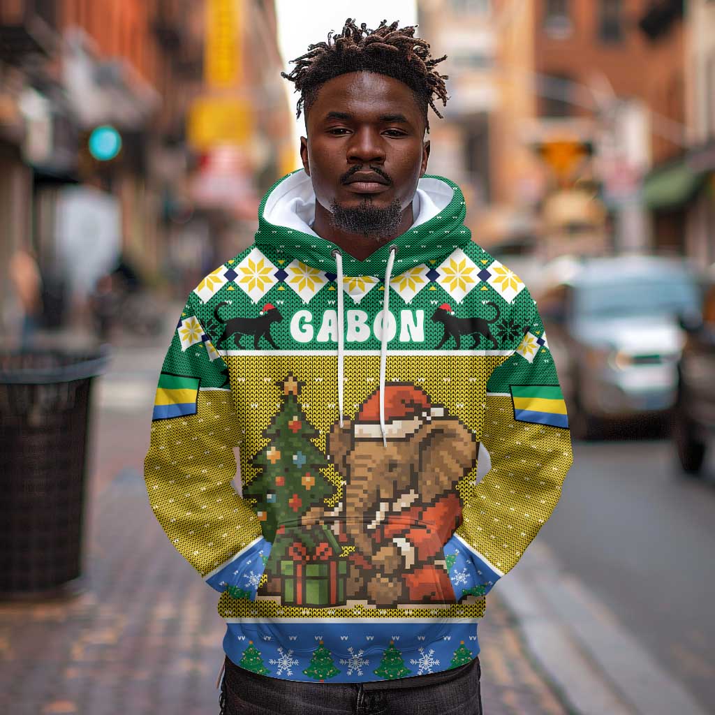 Gabon Christmas Hoodie Pixel Art Elephant Santa Christmas Tree and Flag - African Pride
