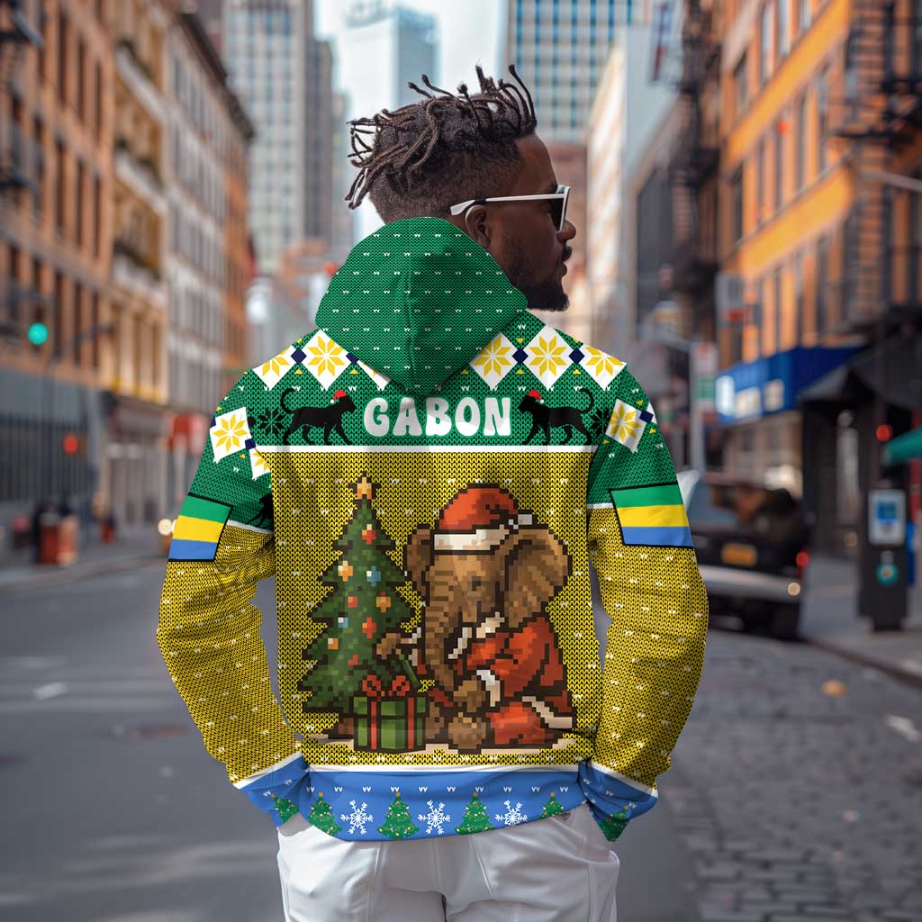 Gabon Christmas Hoodie Pixel Art Elephant Santa Christmas Tree and Flag - African Pride