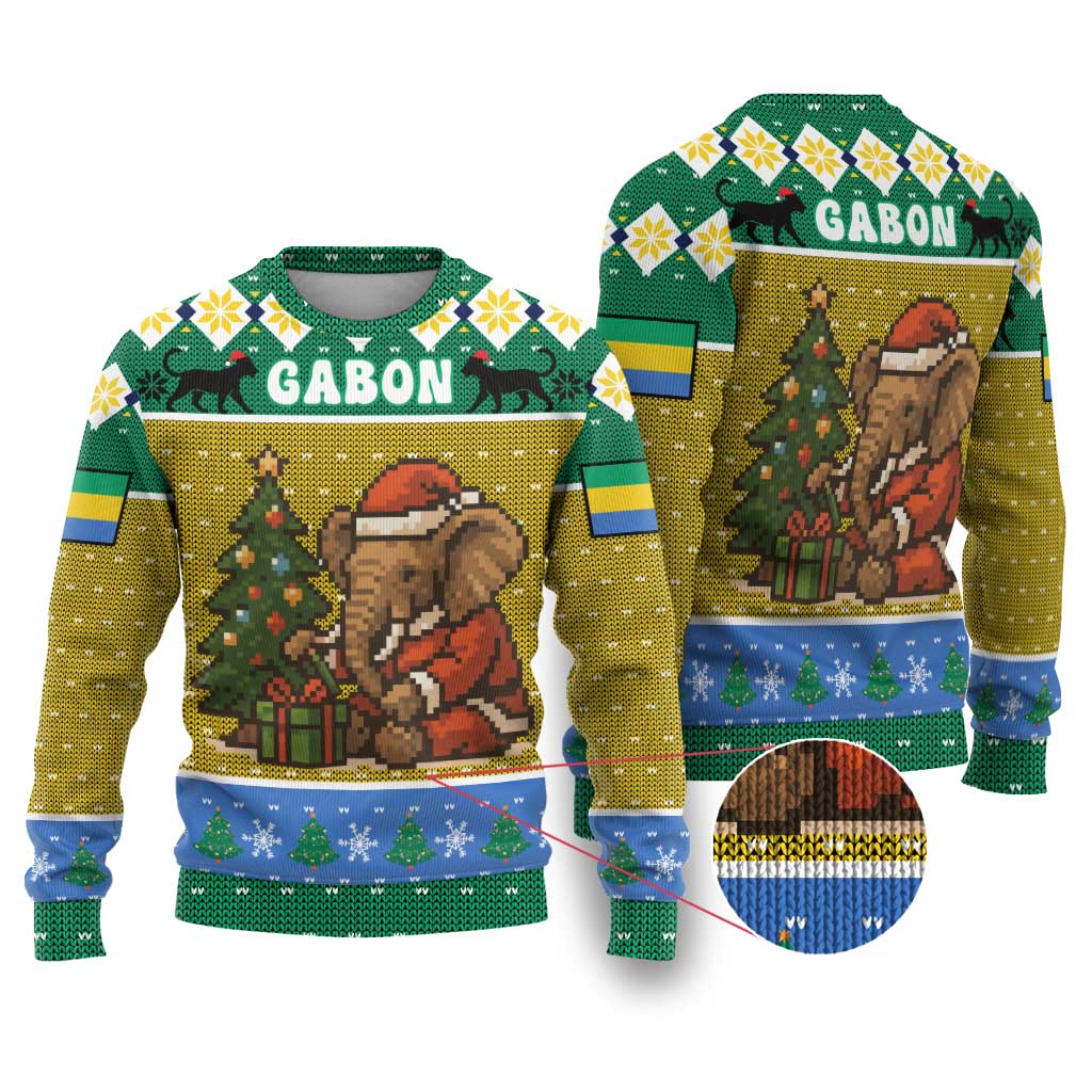 Gabon Christmas Ugly Christmas Sweater Pixel Art Elephant Santa Christmas Tree and Flag - African Pride