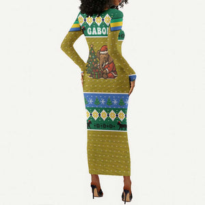 Gabon Christmas Long Sleeve Bodycon Dress Pixel Art Elephant Santa Christmas Tree and Flag - African Pride