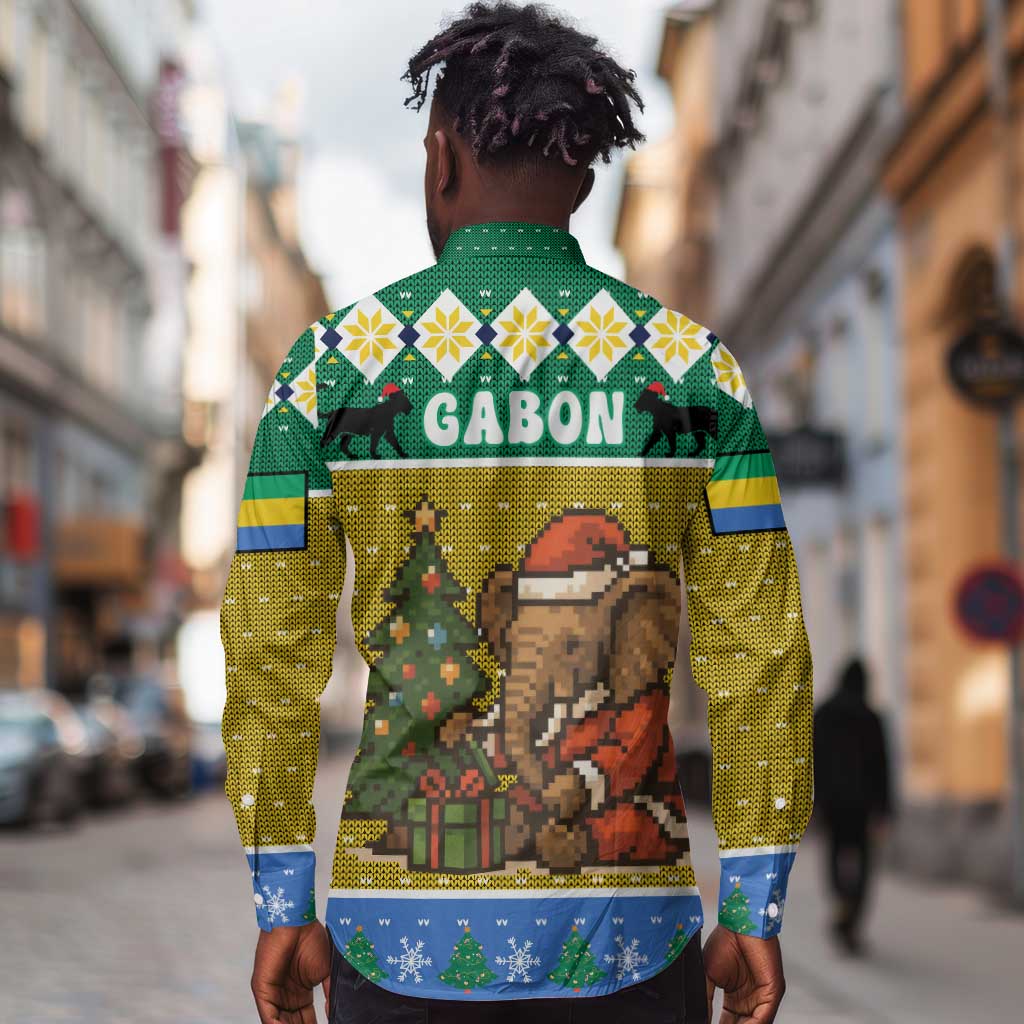 Gabon Christmas Long Sleeve Button Shirt Pixel Art Elephant Santa Christmas Tree and Flag - African Pride
