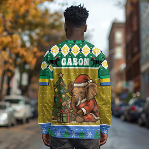 Gabon Christmas Long Sleeve Shirt Pixel Art Elephant Santa Christmas Tree and Flag - African Pride