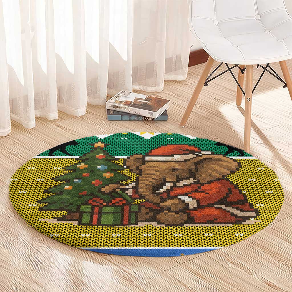 Gabon Christmas Round Carpet Pixel Art Elephant Santa Christmas Tree and Flag - African Pride