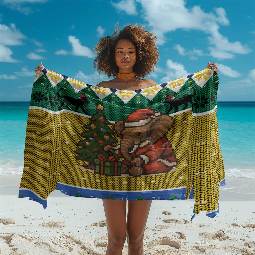 Gabon Christmas Sarong Pixel Art Elephant Santa Christmas Tree and Flag - African Pride