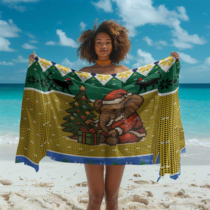 Gabon Christmas Sarong Pixel Art Elephant Santa Christmas Tree and Flag - African Pride