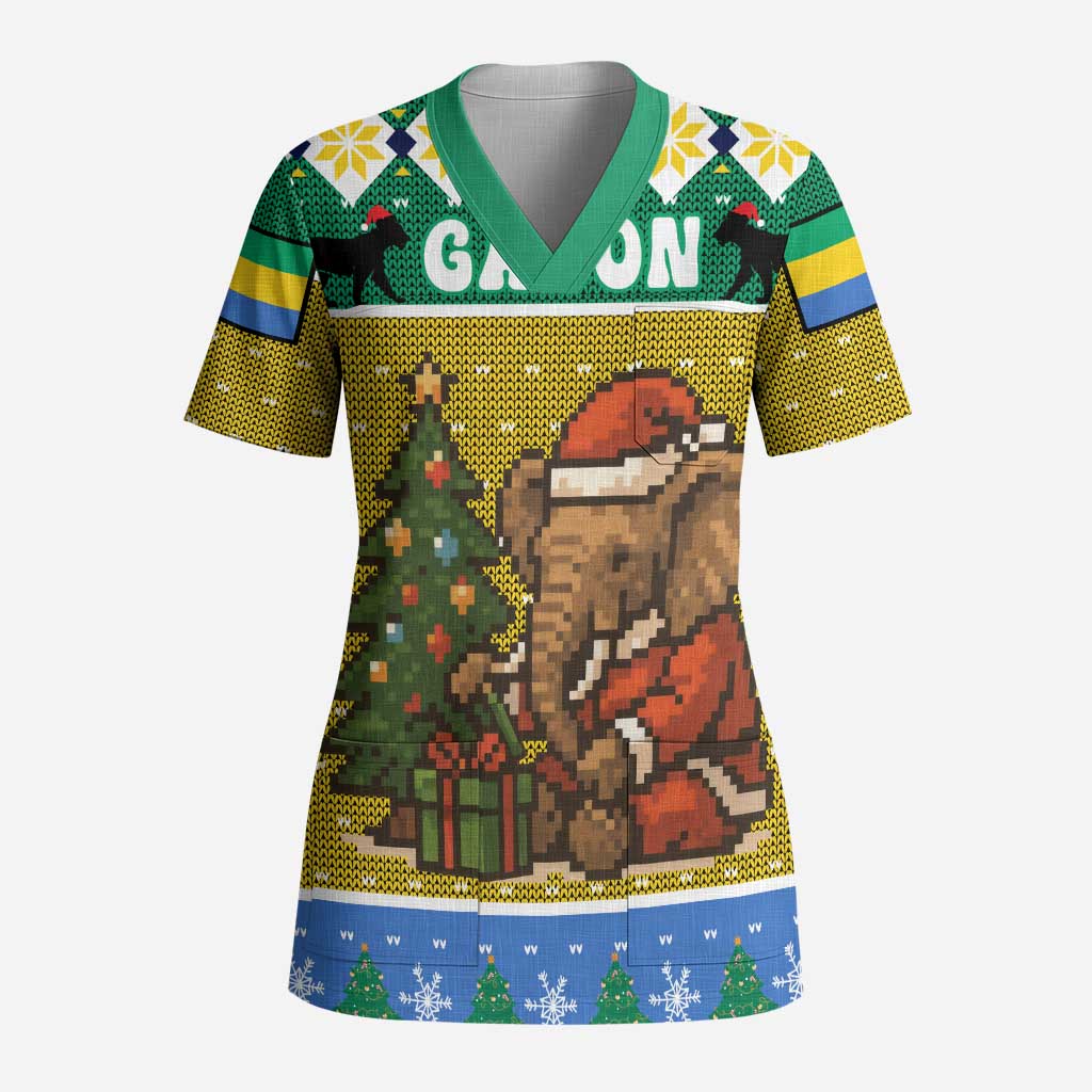Gabon Christmas Scrub Top Pixel Art Elephant Santa Christmas Tree and Flag - African Pride