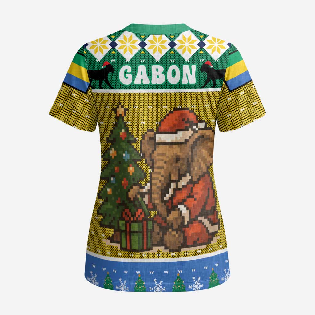 Gabon Christmas Scrub Top Pixel Art Elephant Santa Christmas Tree and Flag - African Pride