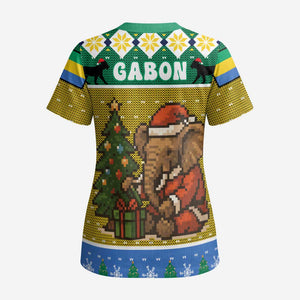 Gabon Christmas Scrub Top Pixel Art Elephant Santa Christmas Tree and Flag - African Pride