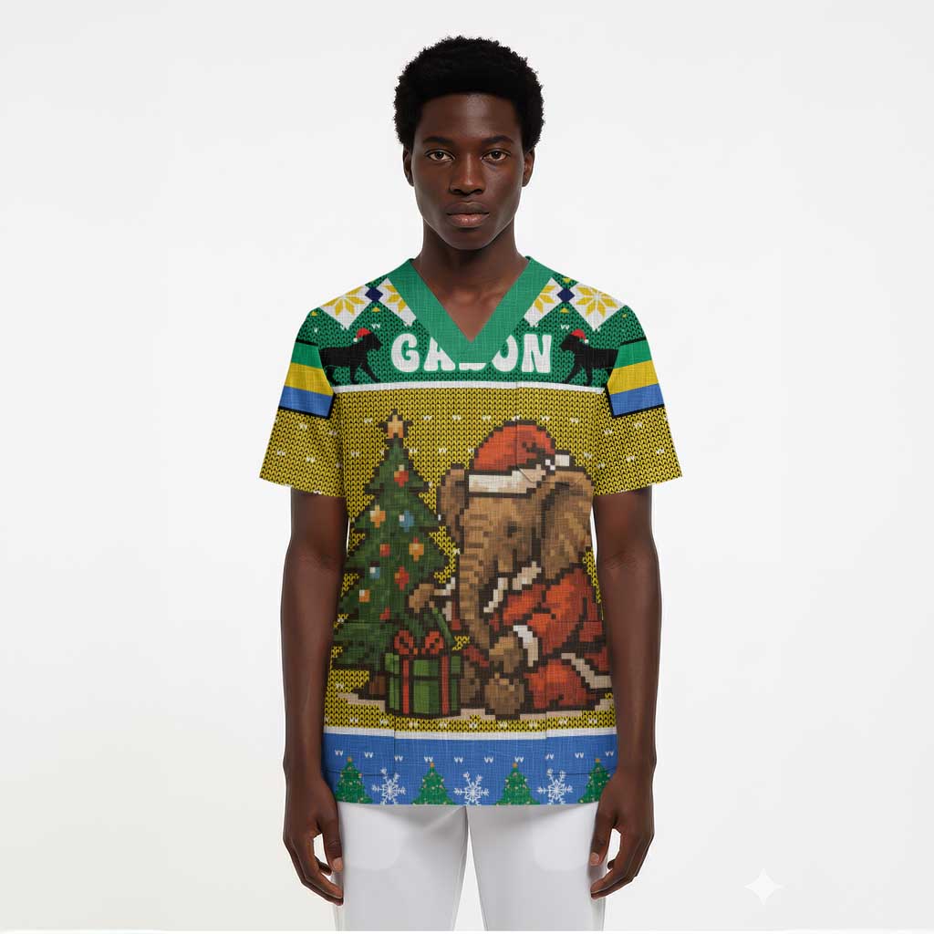 Gabon Christmas Scrub Top Pixel Art Elephant Santa Christmas Tree and Flag - African Pride