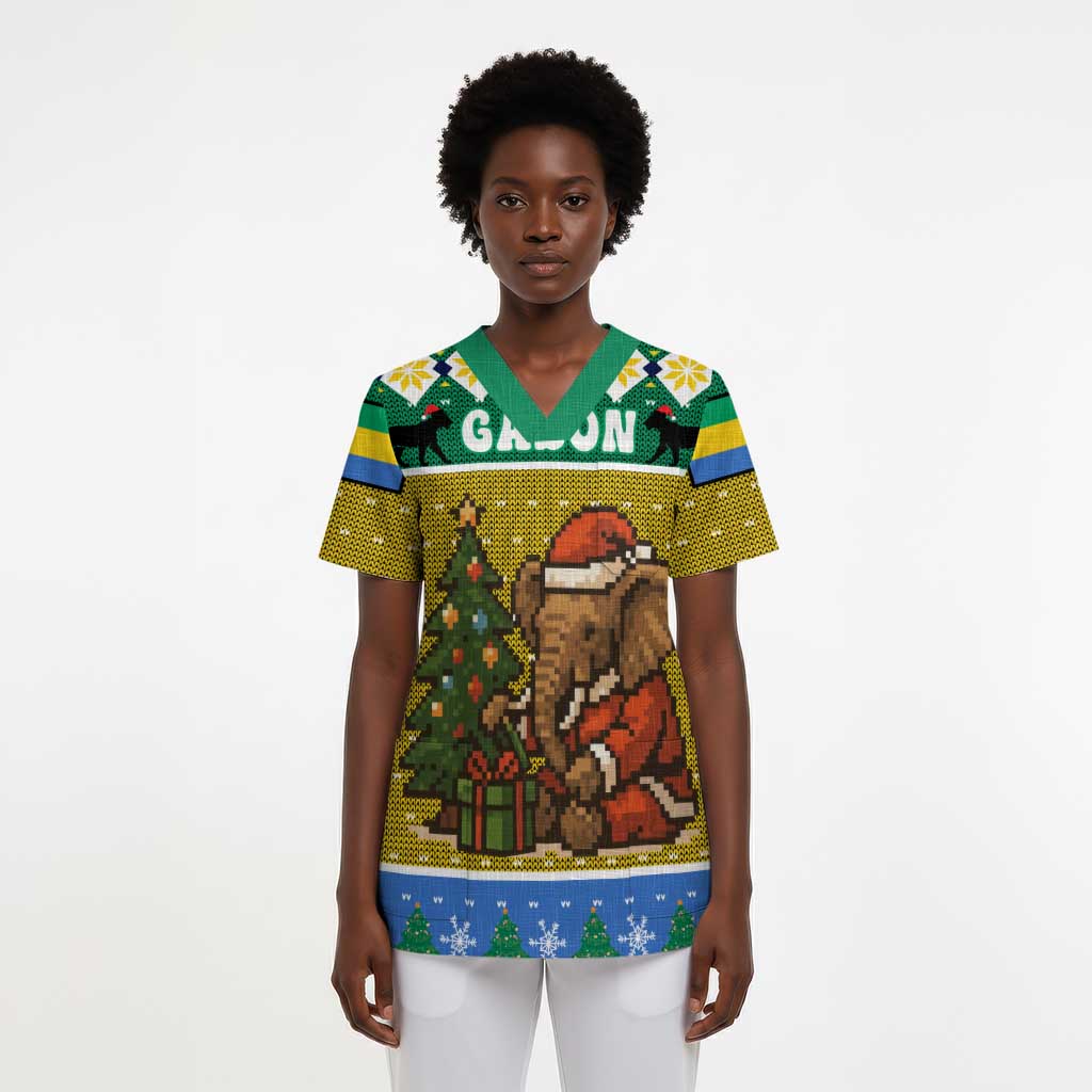 Gabon Christmas Scrub Top Pixel Art Elephant Santa Christmas Tree and Flag - African Pride