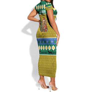 Gabon Christmas Short Sleeve Bodycon Dress Pixel Art Elephant Santa Christmas Tree and Flag - African Pride