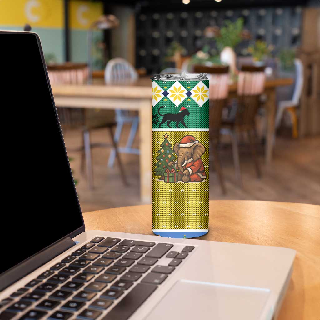 Gabon Christmas Skinny Tumbler Pixel Art Elephant Santa Christmas Tree and Flag - African Pride