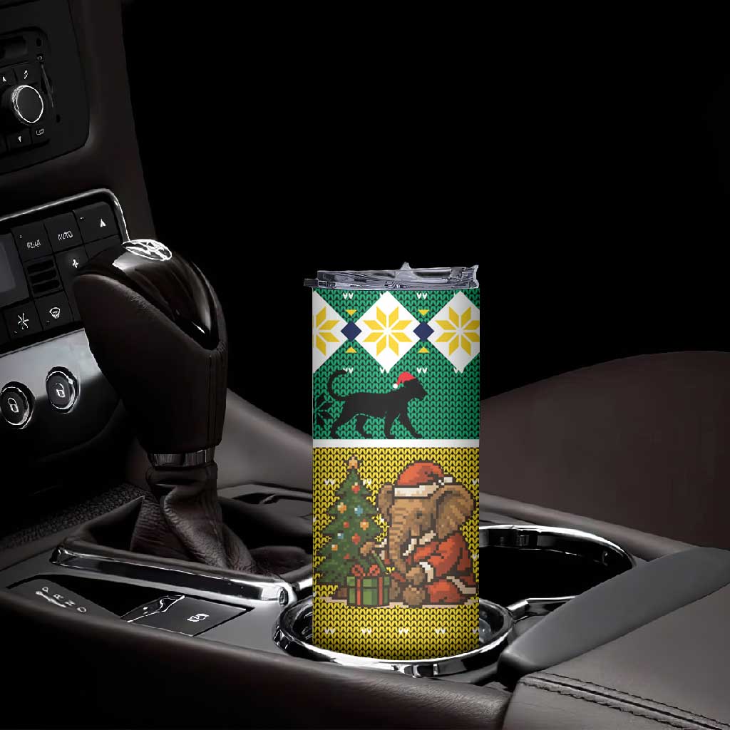 Gabon Christmas Skinny Tumbler Pixel Art Elephant Santa Christmas Tree and Flag - African Pride
