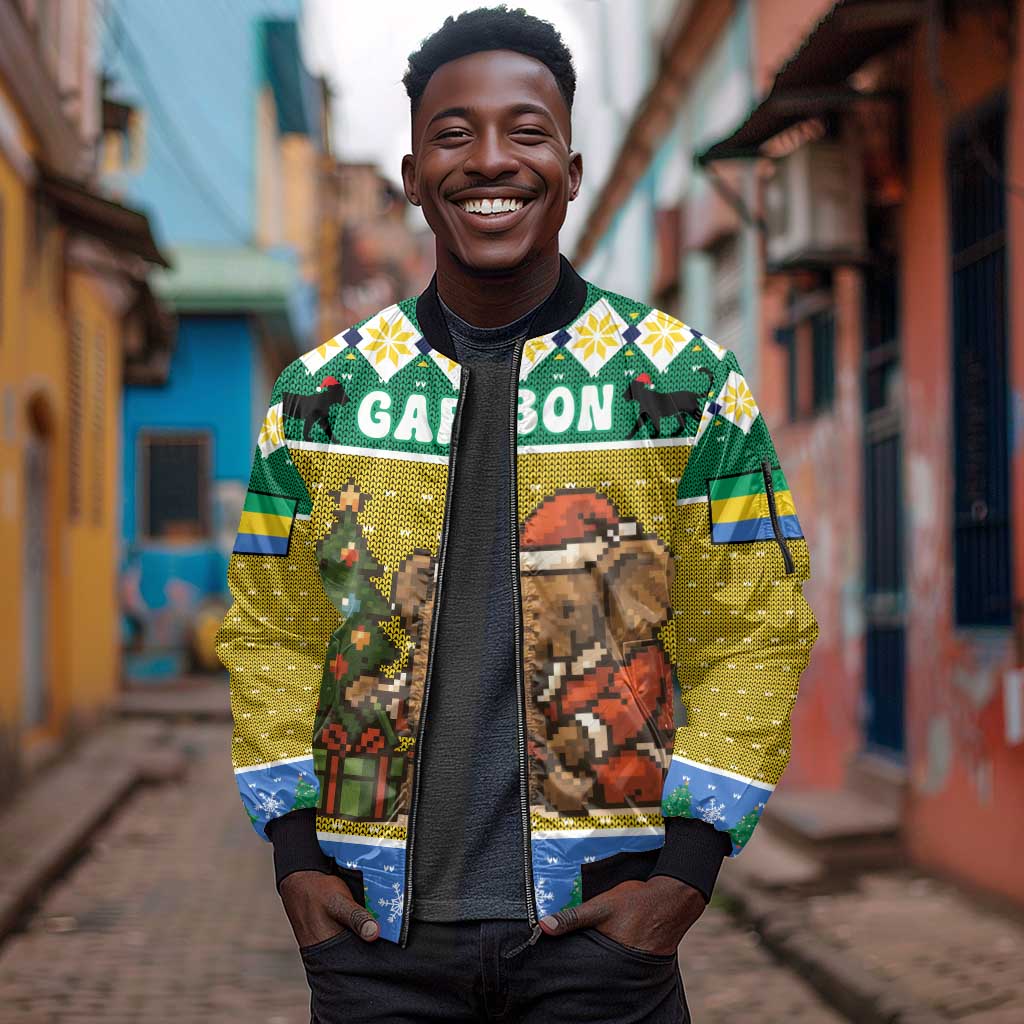 Gabon Christmas Sleeve Zip Bomber Jacket Pixel Art Elephant Santa Christmas Tree and Flag - African Pride