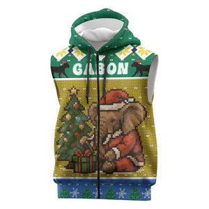 Gabon Christmas Sleeveless Zip Hoodie Pixel Art Elephant Santa Christmas Tree and Flag - African Pride