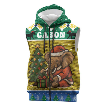 Gabon Christmas Sleeveless Zip Hoodie Pixel Art Elephant Santa Christmas Tree and Flag - African Pride
