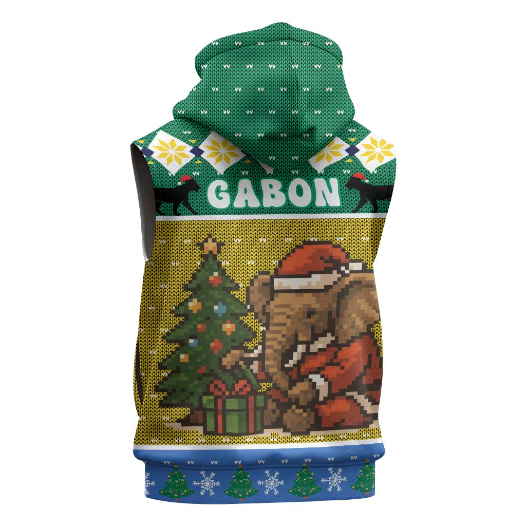 Gabon Christmas Sleeveless Zip Hoodie Pixel Art Elephant Santa Christmas Tree and Flag - African Pride