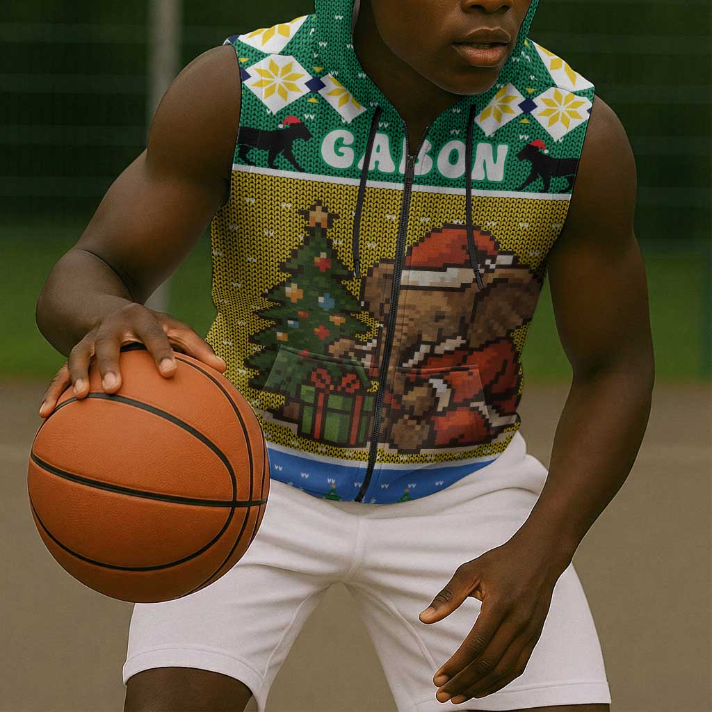 Gabon Christmas Sleeveless Zip Hoodie Pixel Art Elephant Santa Christmas Tree and Flag - African Pride