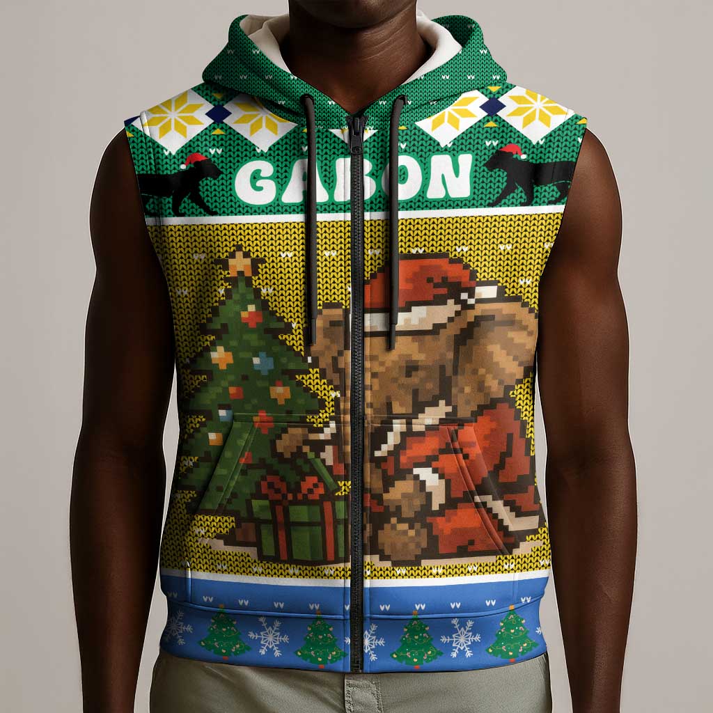 Gabon Christmas Sleeveless Zip Hoodie Pixel Art Elephant Santa Christmas Tree and Flag - African Pride