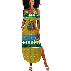 Gabon Christmas Summer Maxi Dress Pixel Art Elephant Santa Christmas Tree and Flag - African Pride
