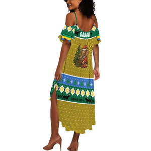Gabon Christmas Summer Maxi Dress Pixel Art Elephant Santa Christmas Tree and Flag - African Pride