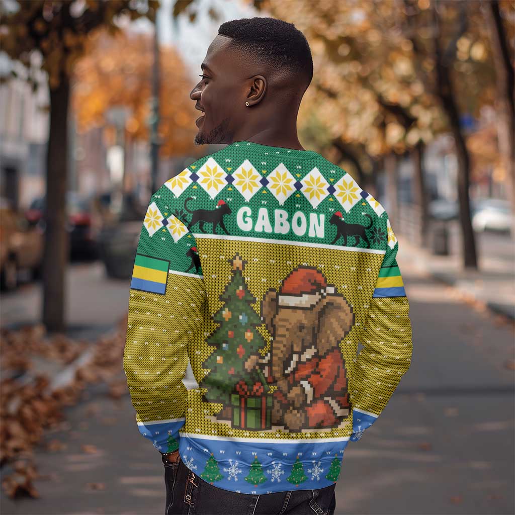 Gabon Christmas Sweatshirt Pixel Art Elephant Santa Christmas Tree and Flag - African Pride