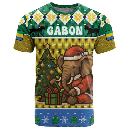 Gabon Christmas T shirt Pixel Art Elephant Santa Christmas Tree and Flag - African Pride