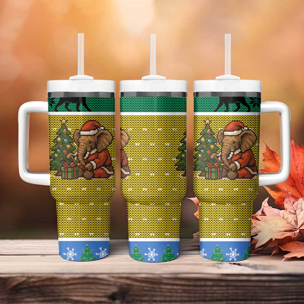 Gabon Christmas Tumbler With Handle Pixel Art Elephant Santa Christmas Tree and Flag - African Pride