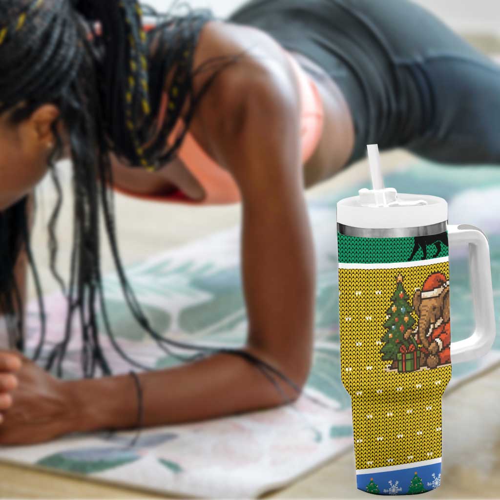Gabon Christmas Tumbler With Handle Pixel Art Elephant Santa Christmas Tree and Flag - African Pride