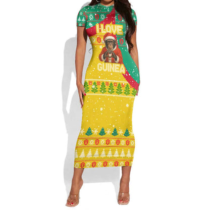 Guinea Christmas Short Sleeve Bodycon Dress Santa Chimpanzee Heart Hands and Snowflake - African Pride