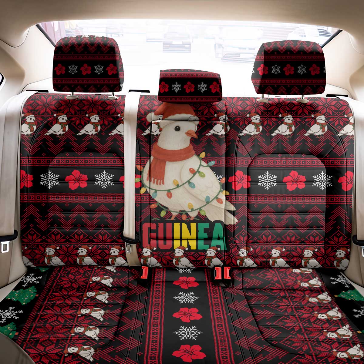 Guinea Christmas Back Car Seat Cover Festive Dove String Lights and Red Black Holiday - African Pride