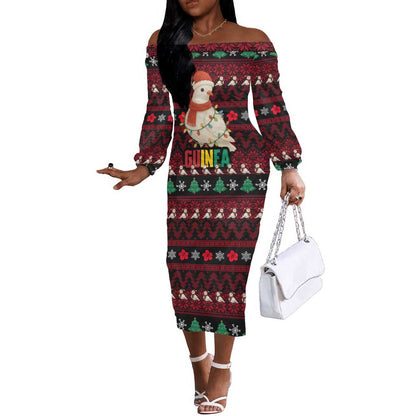 Guinea Christmas Off The Shoulder Long Sleeve Dress Festive Dove String Lights and Red Black Holiday - African Pride